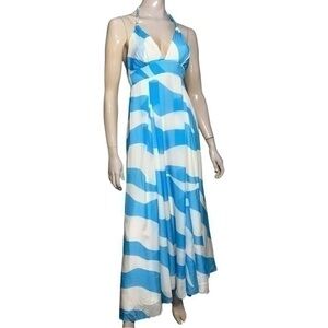 Adam Lippes Plus Eve Women’s Size 2 Ivory Blue Wavy Striped Silk Full Maxi Dress